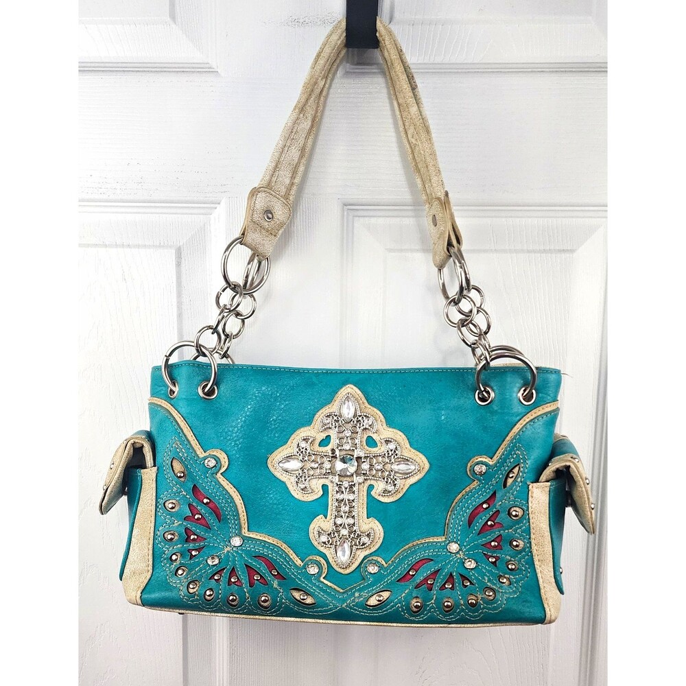 Turquoise Beige Western Studded Embroidered Cross Shoulder Bag, Zip, Pockets